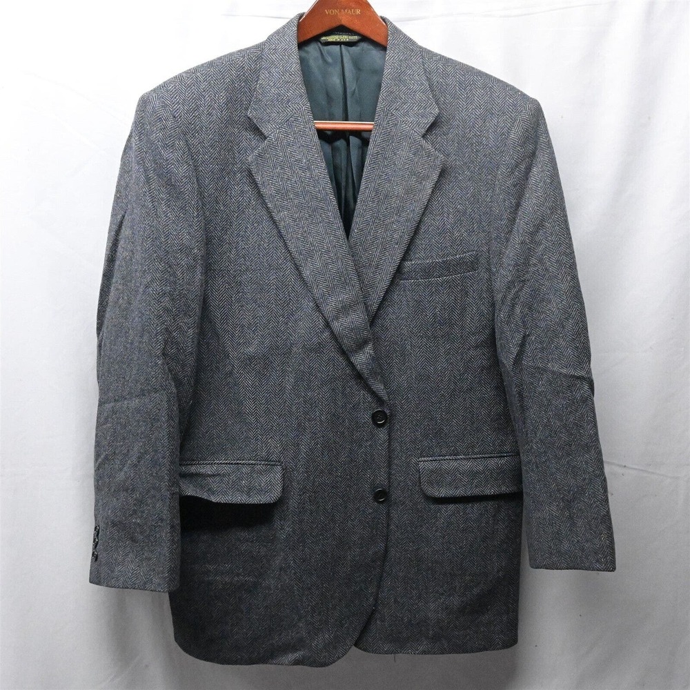 Vtg 90s 42R Blue Herringbone Tweed Wool 2 Button Blazer Jacket Sport Coat‎